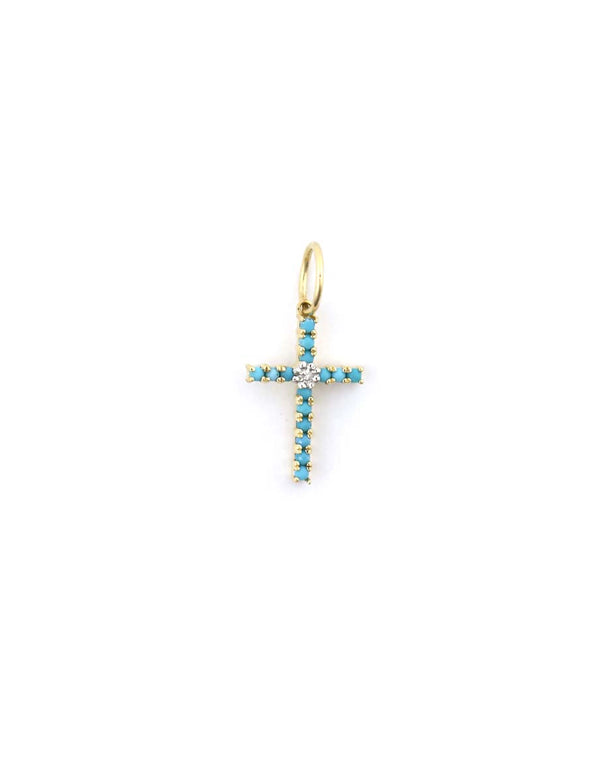 14K Gold Turquoise Diamond Center Cross Charm