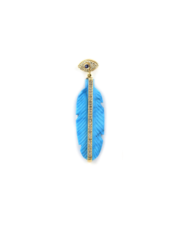 14K Gold Evil Eye Bail Carved Turquoise Feather Charm