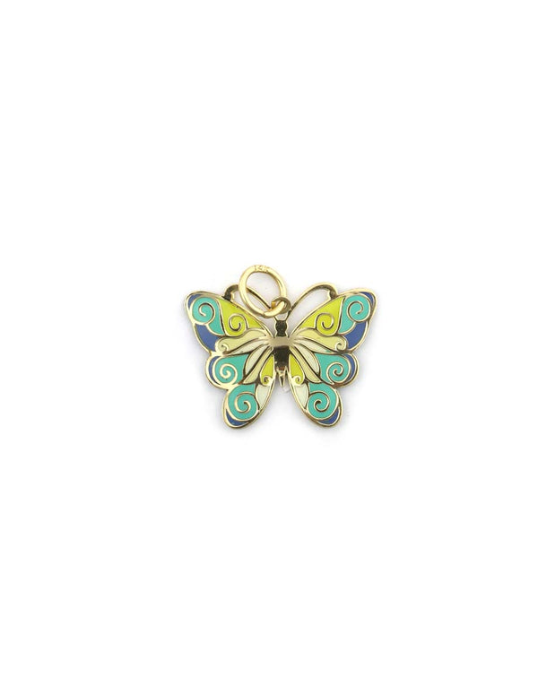 14K Gold Yellow & Teal Enamel Butterfly Charm