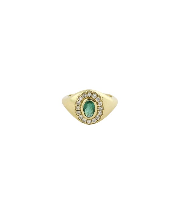 14K Gold Oval Emerald & Diamond Framed Signet Ring