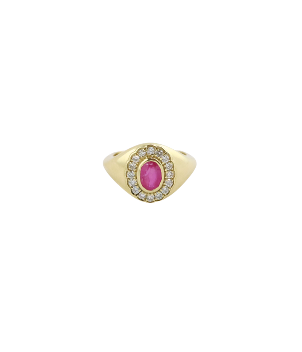 14K Gold Oval Ruby & Diamond Framed Signet Ring