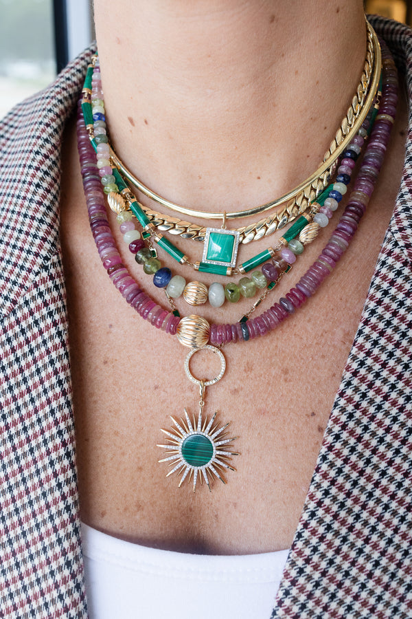 Graduated Mossy Cranberry Sapphire Fluted Rondelle Necklace