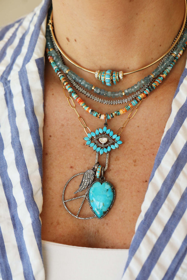 Silver Diamond Elongated Carved Turquoise Heart Charm