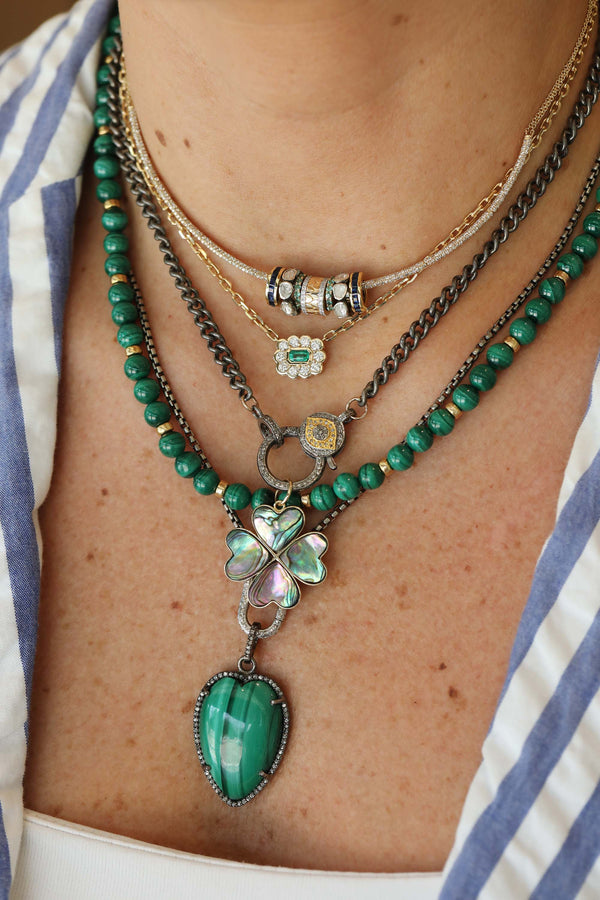 Silver Diamond Elongated Malachite Heart