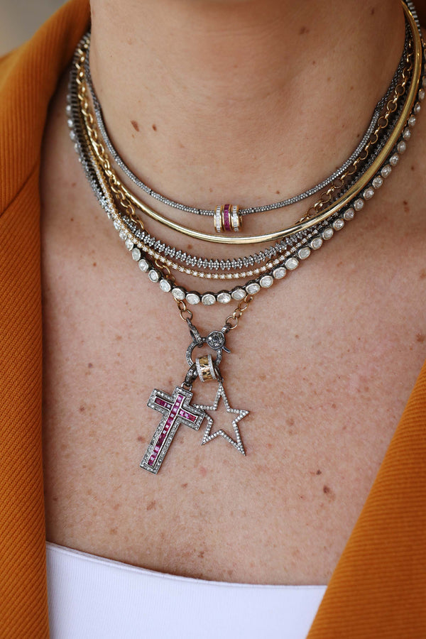 Silver Diamond Baguette Ruby Cross Charm