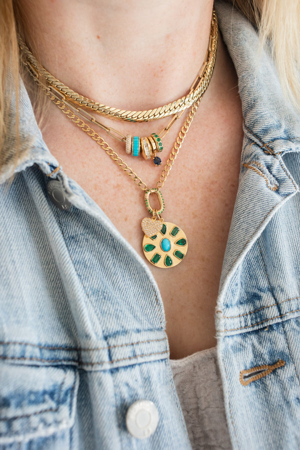 14K Matte Gold Emerald Turquoise Coin Charm