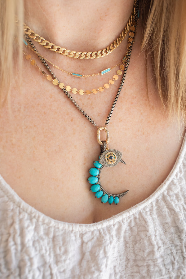 Large Silver Diamond Graduated Turquoise Crescent Moon Charm