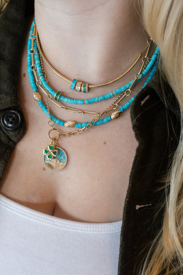 Gold Fluted Oval Rondelle Turquoise Heishi Necklace