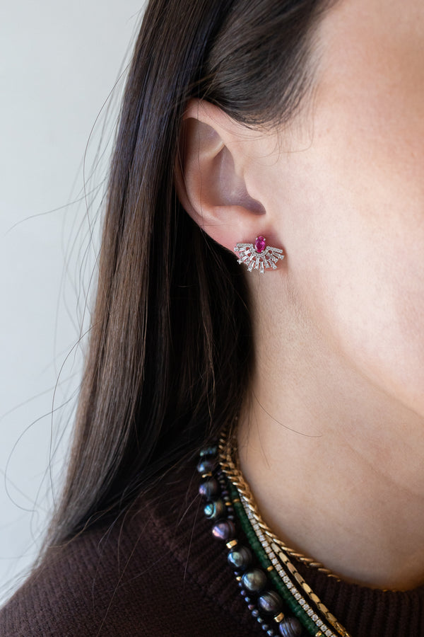 14K Gold .62ct Pink Sapphire .29ct Diamond Fanned Studs