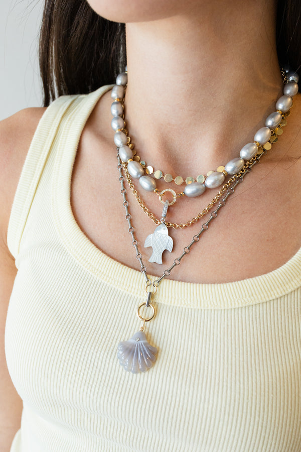 Silver Carved Mother of Pearl Fish Charm