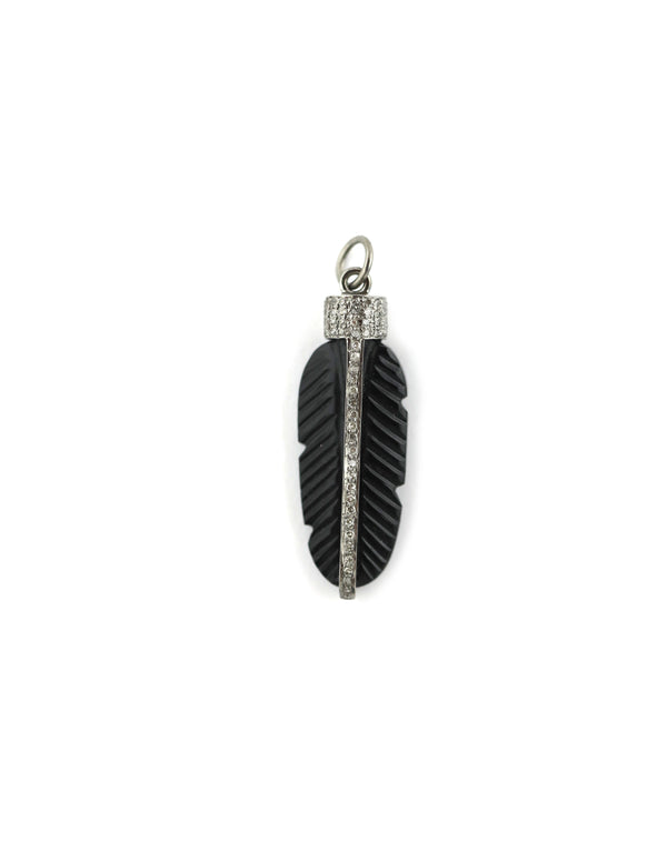 Silver Diamond Carved Onyx Feather Charm