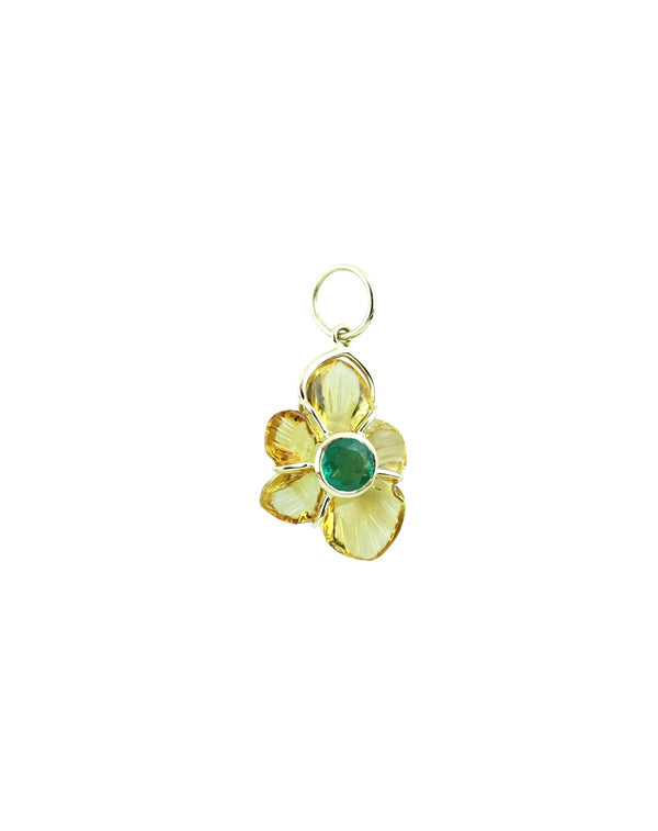 14K Gold Carved Citrine Emerald Flower Charm