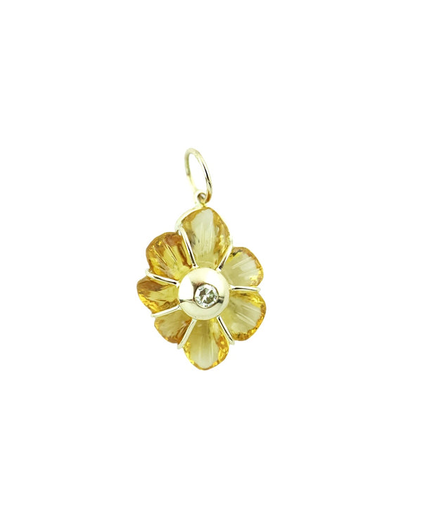 14K Gold Carved Citrine Diamond Flower Charm