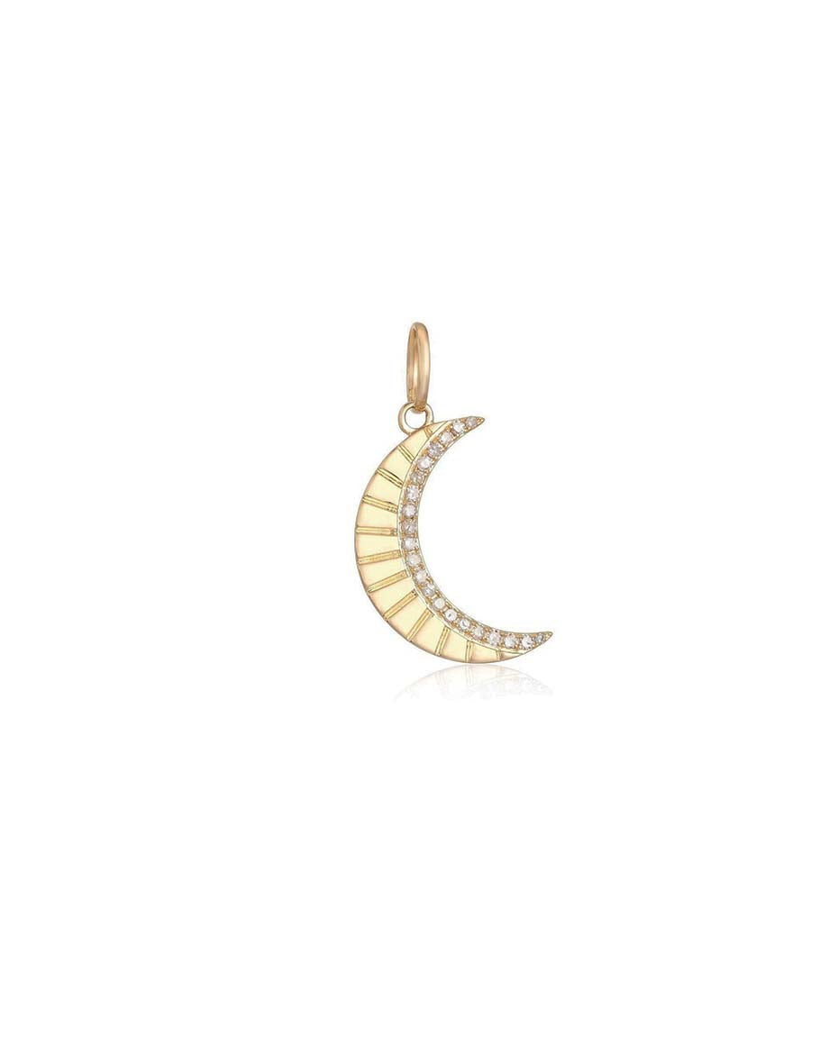 14K Gold Ridged Inner Diamond Crescent Moon Charm