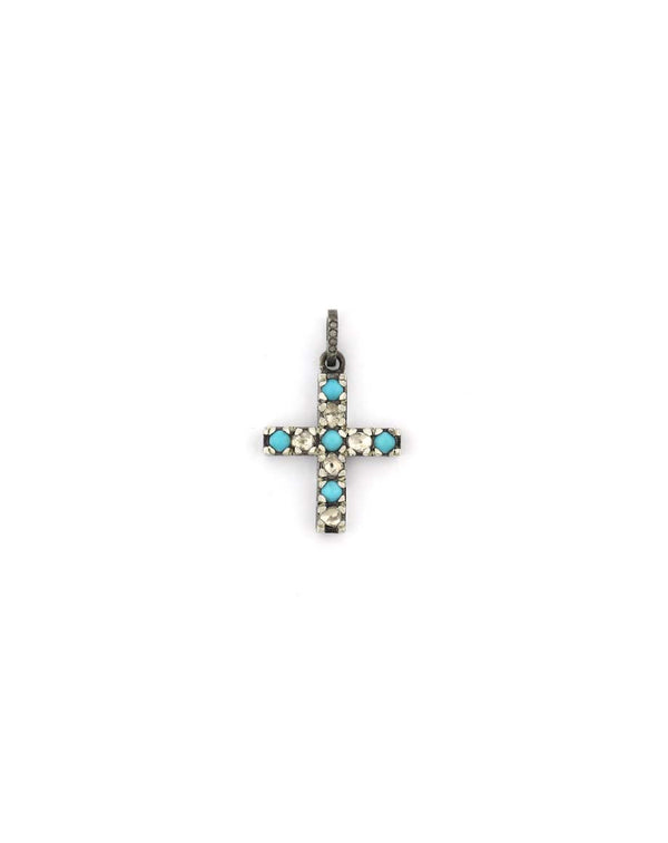 Small Silver Polki Diamond & Turquoise Cross Pendant