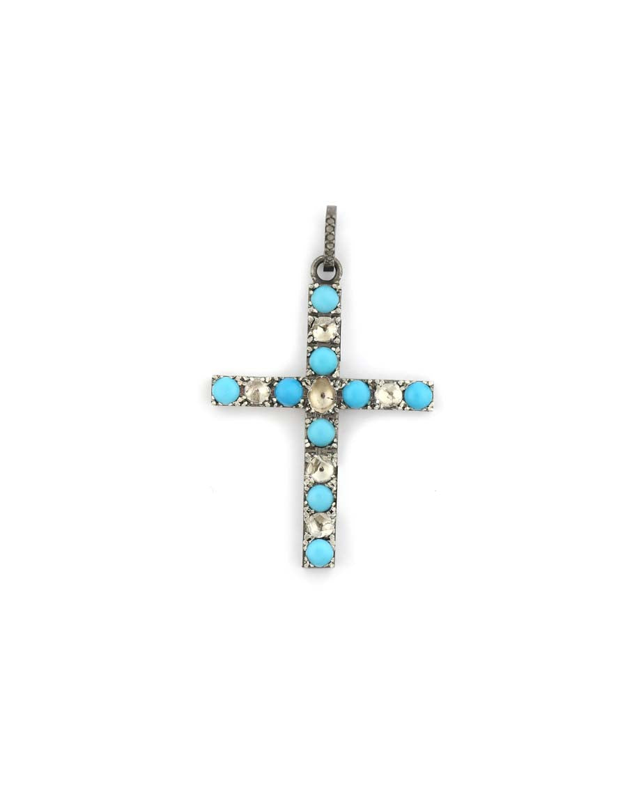 Silver Polki Diamond & Turquoise Cross Pendant