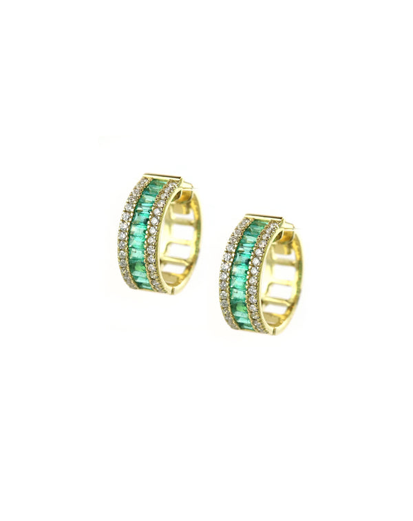 3/4" 14K Gold Thick 1.89ct Baguette Emerald .82ct Diamond Hoops