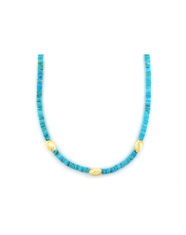 Gold Fluted Oval Rondelle Turquoise Heishi Necklace