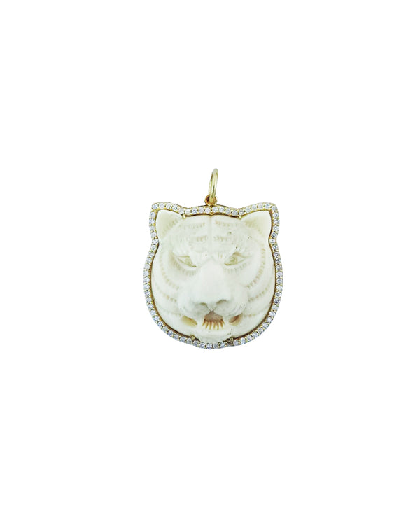 14K Gold Carved Mammoth Ivory Tiger Pendant