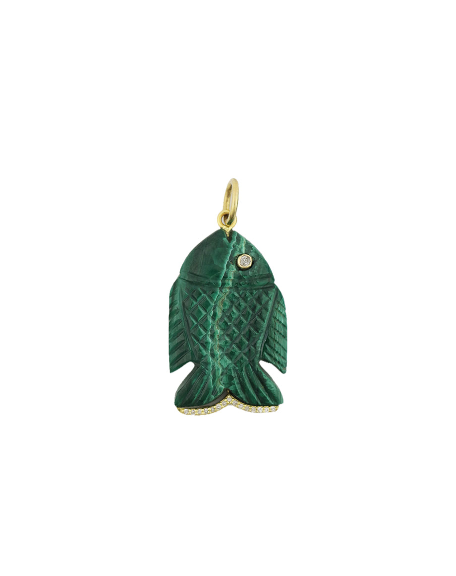14K Gold Diamond Carved Malachite Fish