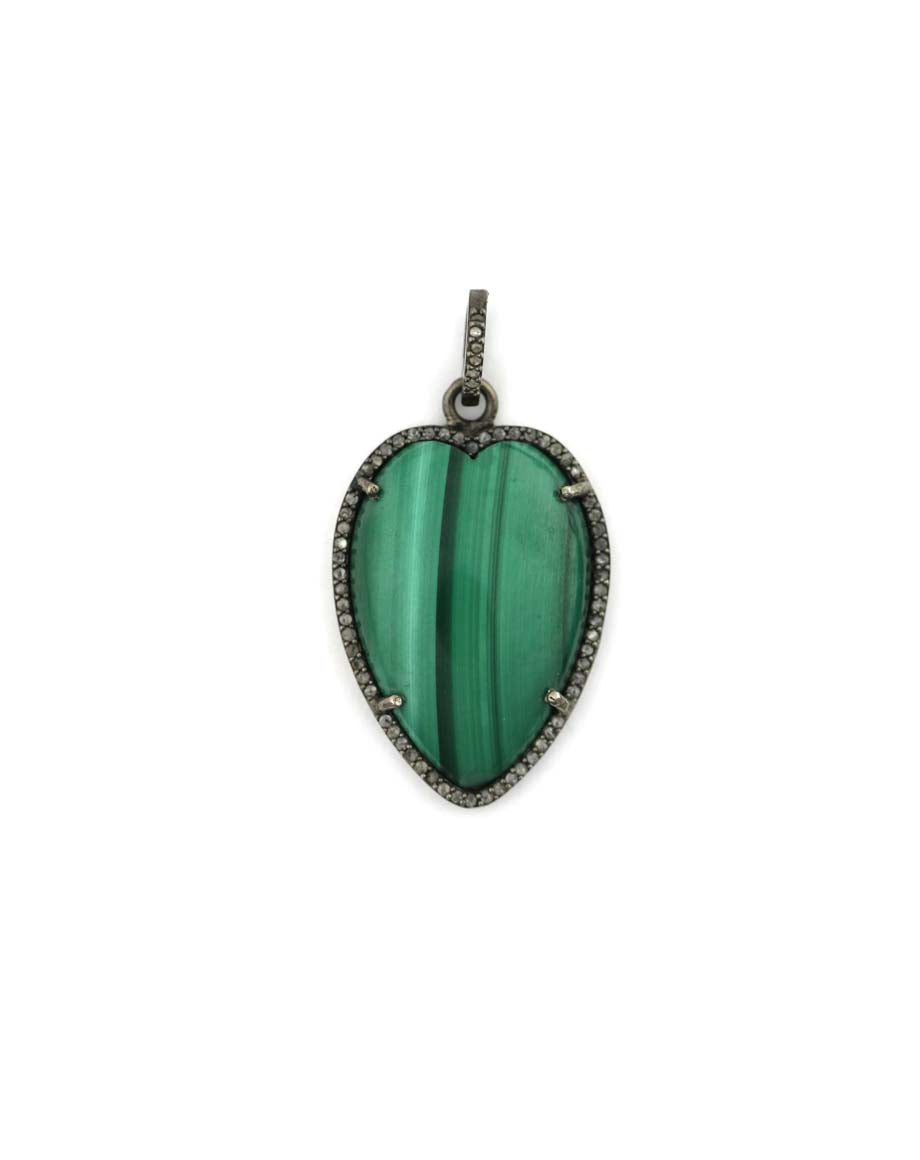 Silver Diamond Elongated Malachite Heart