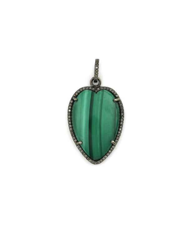 Silver Diamond Elongated Malachite Heart