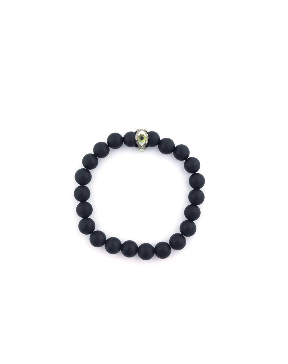 Silver Diamond Cosmic Eye Matte Onyx Stretchy Bracelet