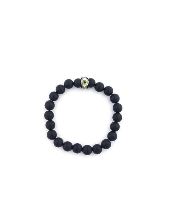 Silver Diamond Cosmic Eye Matte Onyx Stretchy Bracelet