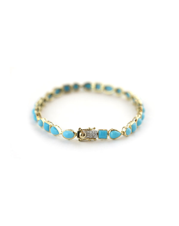 14K Gold Mix Shape Turquoise Tennis Bracelet