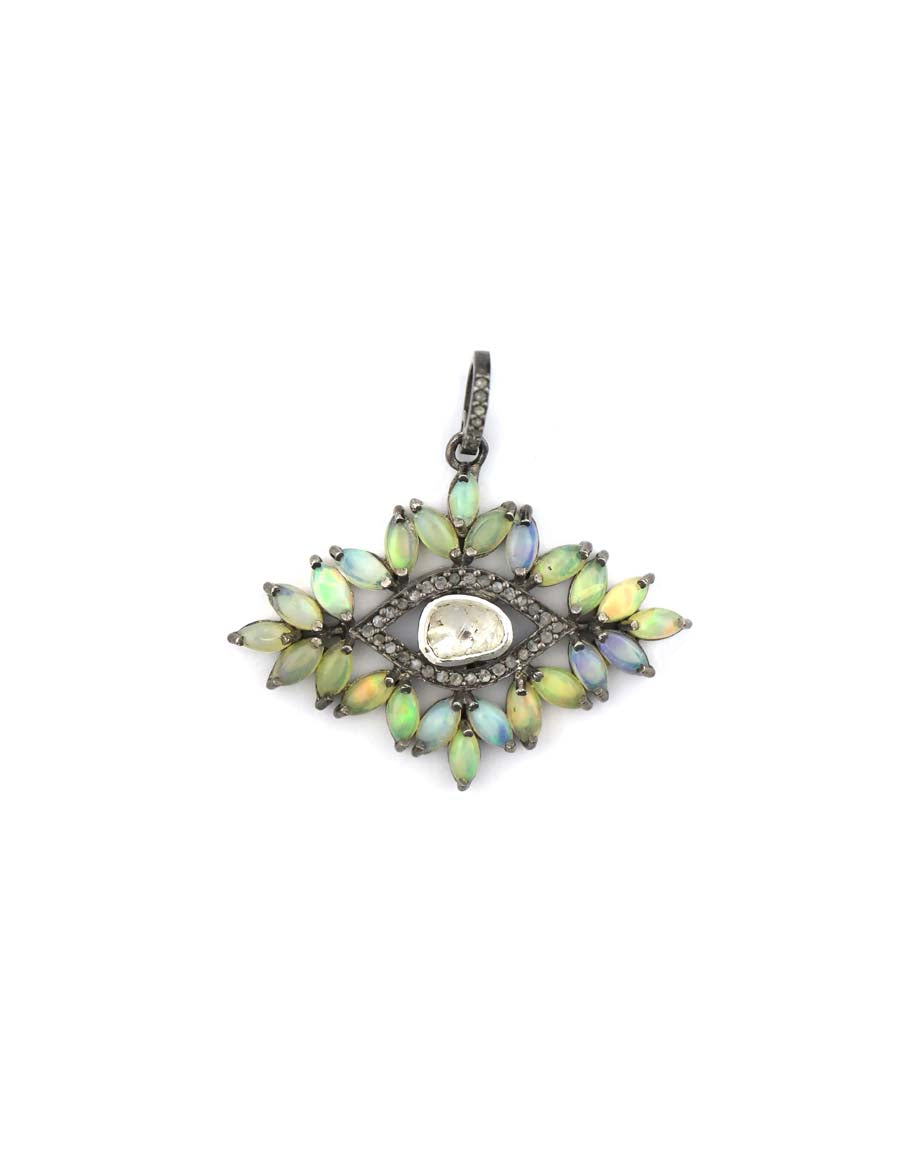 Silver Polki Diamond Opal Evil Eye Charm