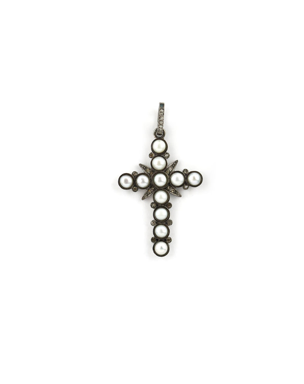 Silver Diamond Pearl Cross Charm