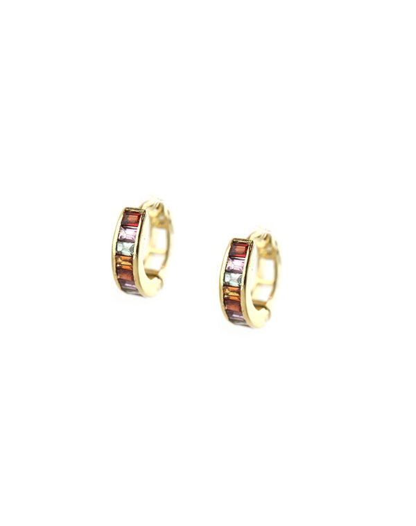 14K Gold Channel Set Rainbow Sapphire Huggies