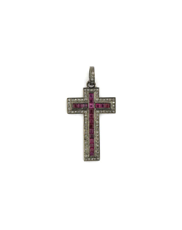 Silver Diamond Baguette Ruby Cross Charm