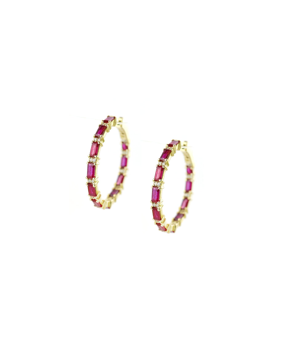 1" 14K Gold Alternating 2.91ct ct Ruby & .18ct Diamond Hoops