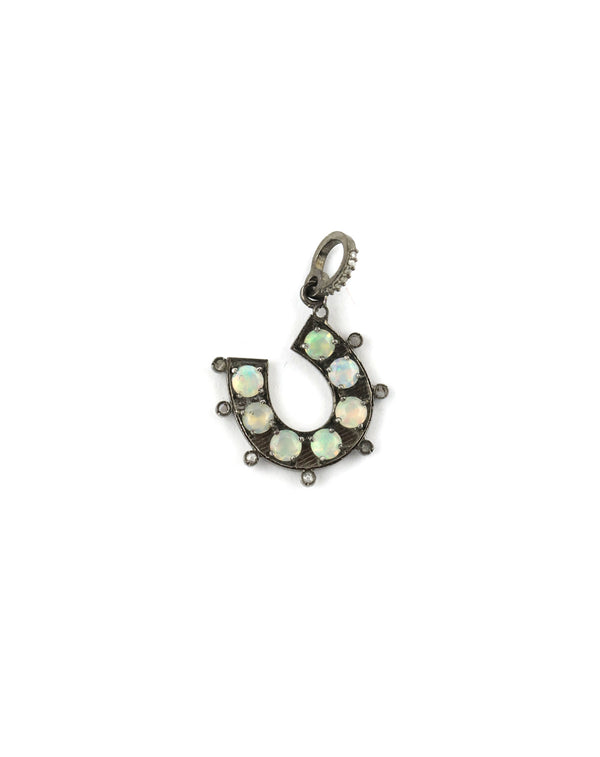 Small Thick Silver Opal Diamond Horseshoe Charm