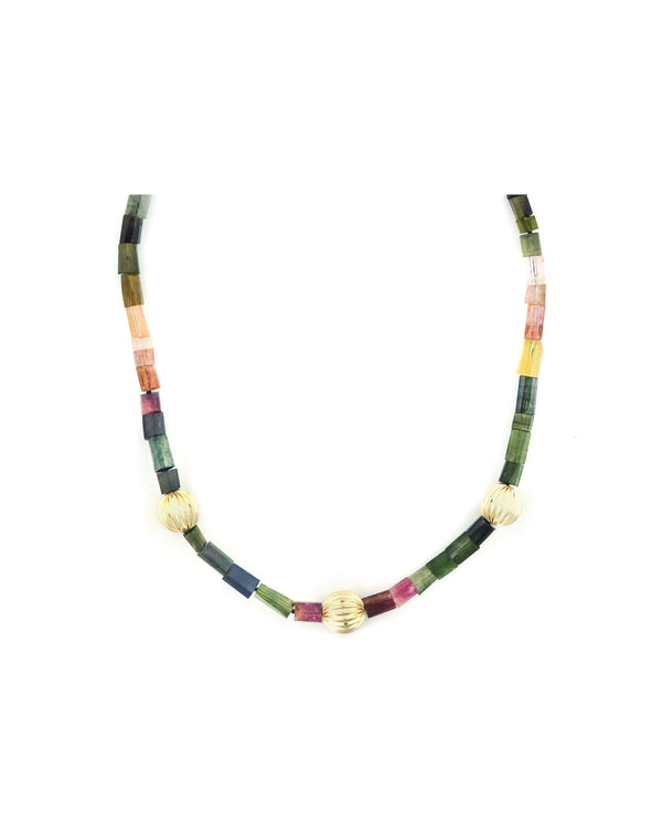 Watermelon Tourmaline Twisted Lantern Beaded Necklace