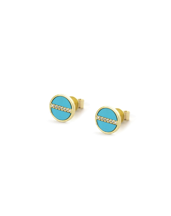 14K Gold Turquoise Circle Diamond Line Studs