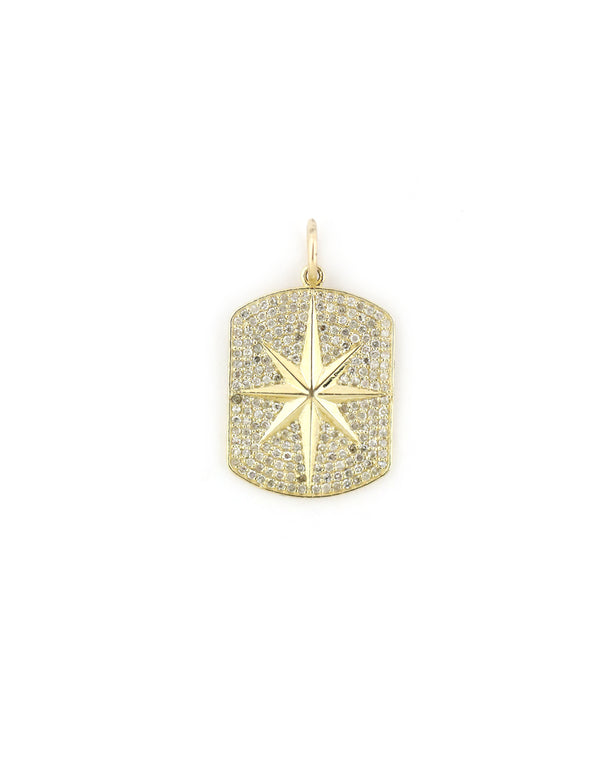14K Gold Pave Diamond Compass Dog Tag Pendant