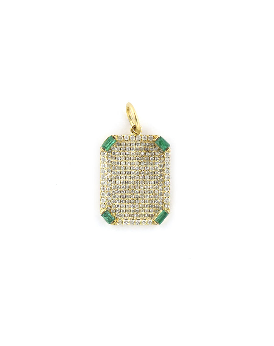 14K Gold Baguette Emerald Diamond Dog Tag