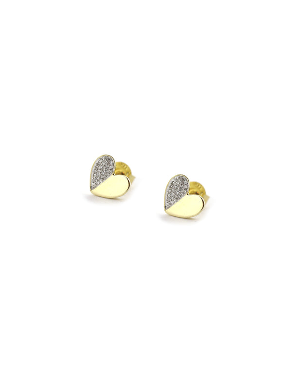 14K Gold Half Diamond Heart Studs