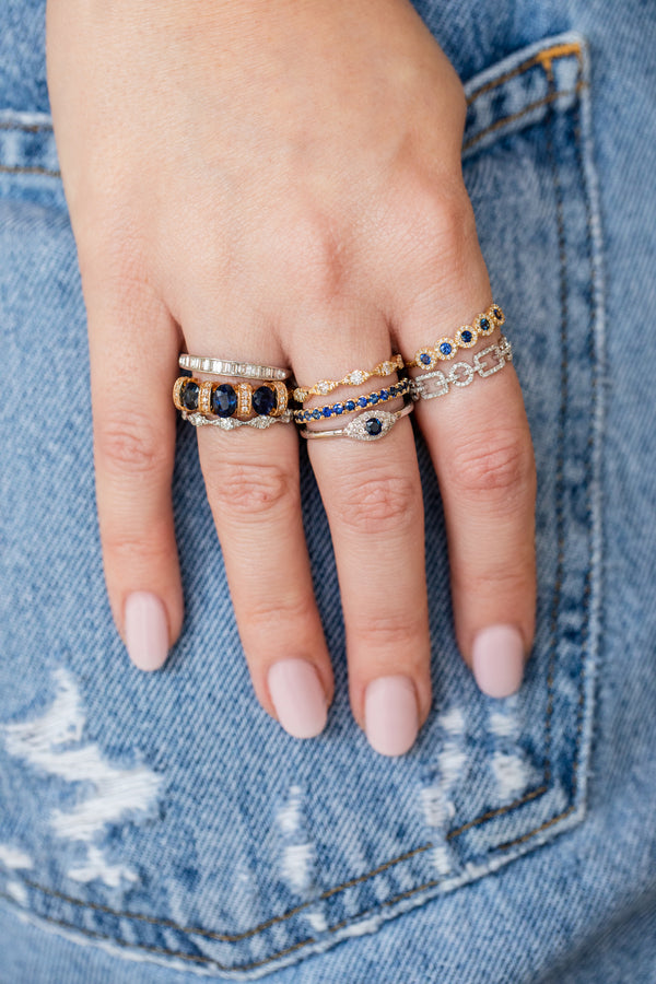 14K White Gold Blue Sapphire Evil Eye Diamond Ring