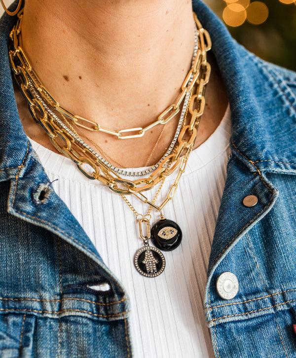 Black Enamel Diamond Hamsa Coin Charm