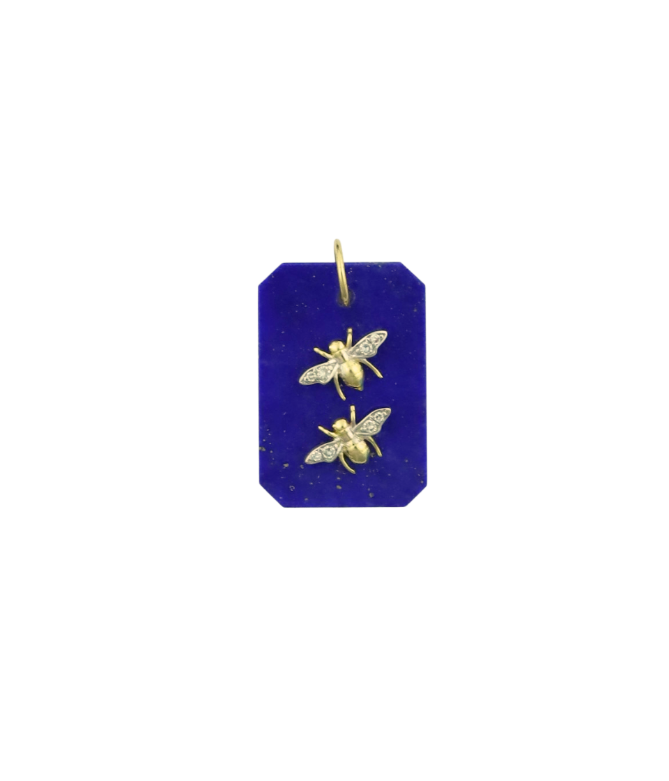 14K Gold Rectangle Lapis Double Bee Charm