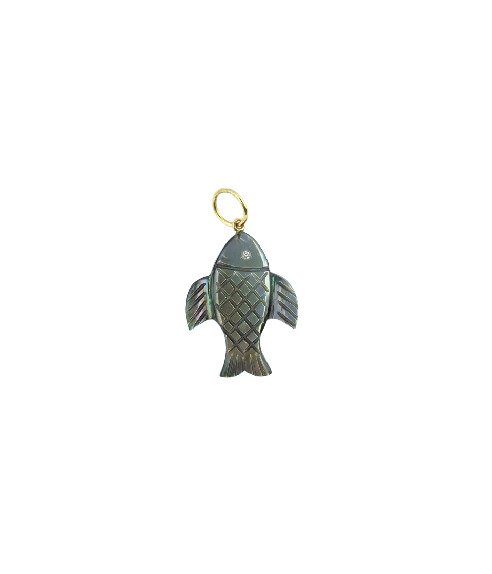 14K Gold Carved Dark Mother of Pearl Fish Charm