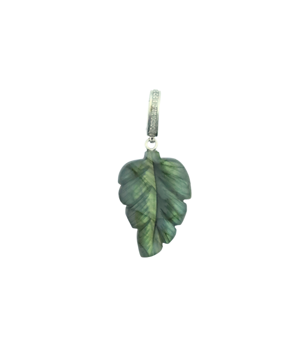 Silver Diamond Carved Labradorite Leaf Charm