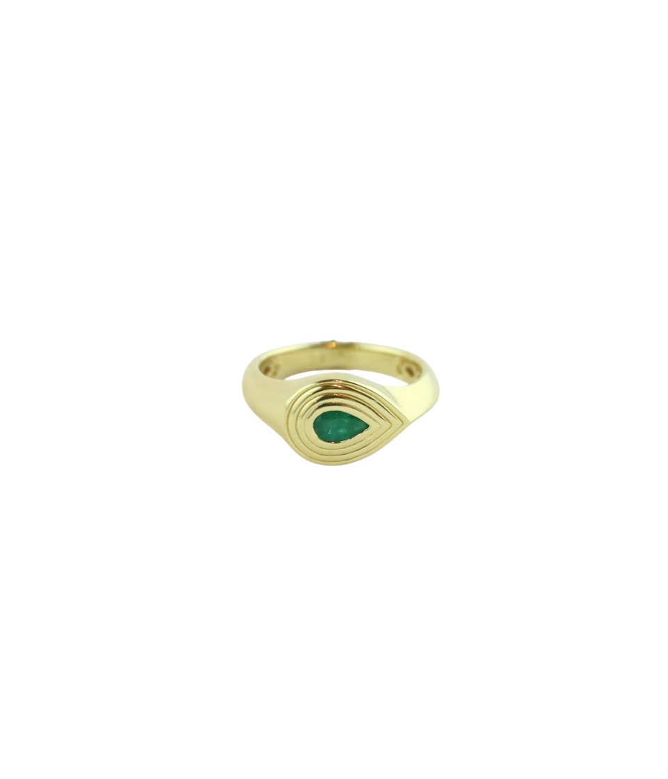 14K Gold Ridged Emerald Sideways Teardrop Pinky Ring