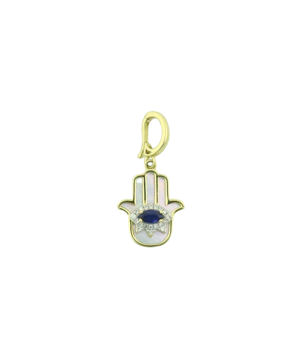 14K Gold Mother of Pearl Sapphire Hamsa Openable Bail Charm