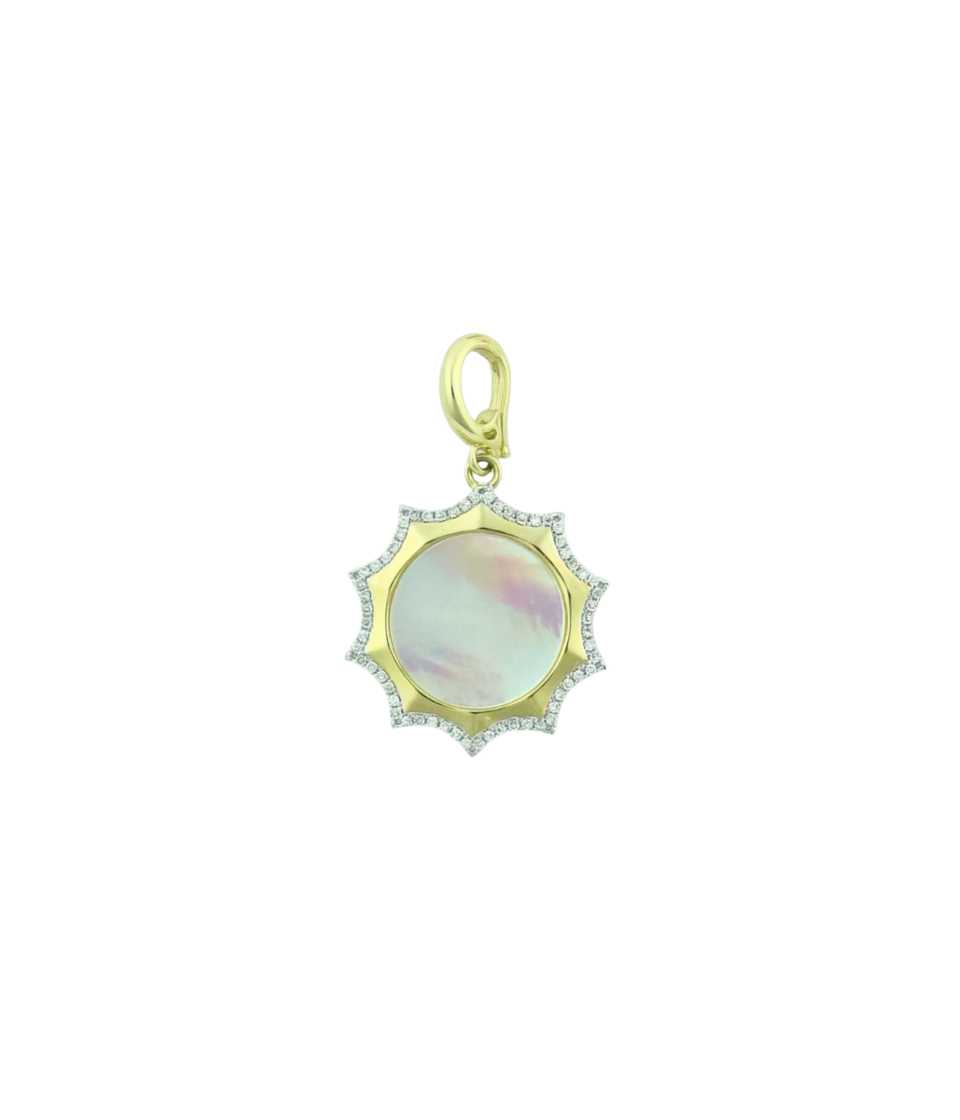 14K Gold Mother of Pearl Diamond Sun Openable Bail Charm