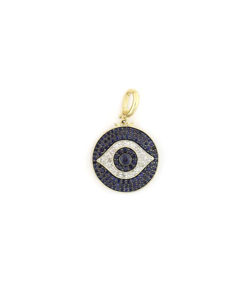 14K Gold Dark Blue Sapphire Pave Evil Eye Charm