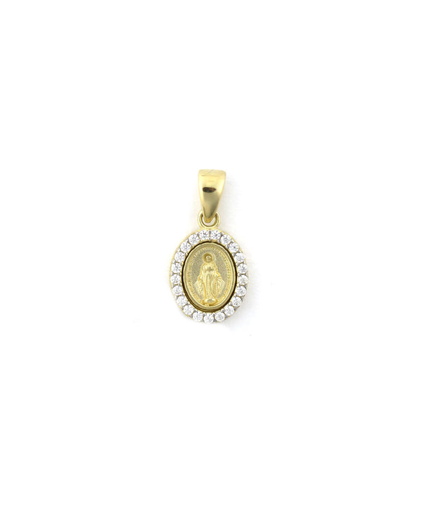 Small 14K Gold CZ Frame Oval Miraculous Mary Charm